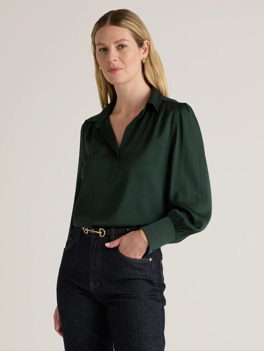 Quince Women's Washable Stretch Silk Split Neck Color Forest Green Sz XL